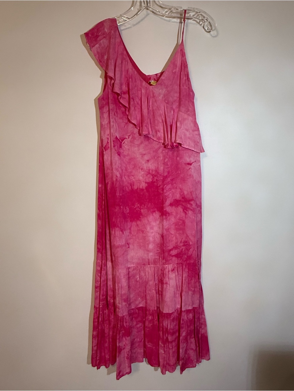 THML Pink Tie-Dye One-Shoulder Ruffle Maxi Dress